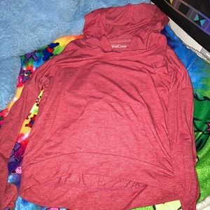 red, hooded long sleeve shirt
